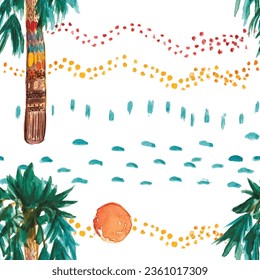 Resumen de trópicos sin fisuras. Siluetas de palmeras gruesas con fondo de textura transparente. Arte vectorial de la jungla. Ilustración exótica dibujada a mano para el diseño de verano, tela de bañador de playa, papel tapiz
