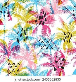Abstract tropics seamless pattern. Grunge palm trees silhouettes transparent texture background. Jungle vector art. Hand drawn exotic illustration for summer design, beach swimwear, fabric, wallpaper