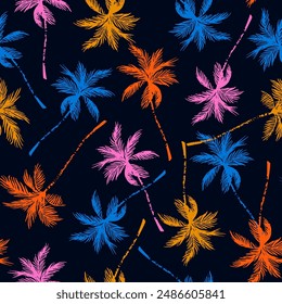 Abstract tropics seamless pattern. Grunge palm trees silhouettes background. Jungle vector art. Hand drawn exotic illustration for summer design, beach swimwear, fabric, wallpaper