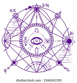 Abstract T-shirt printing design with sacred alchemy symbols. 