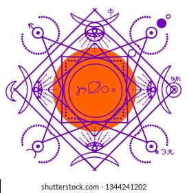 Abstract T-shirt printing design with sacred alchemy symbols. 
