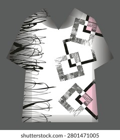 Abstract t-shirt template featuring geometric graphic elements, artistic scribble textures, and modern fashion composition, designed for sublimation printing, apparel graphics, and textile applications.