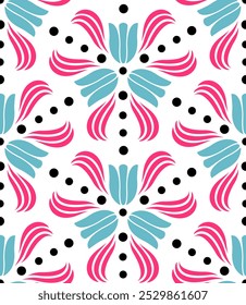 Abstract Tulip Flowers with Leaves on White Background (Pink, Soft Blue, Black) - Repeating Vector Image; Easily Editable; Endless Design; Colorful lIlustration. Print for Gift Paper, Packaging, etc.