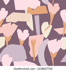 Abstract tulip in purple pink colors seamless pattern. Modern collage with stylized flowers.