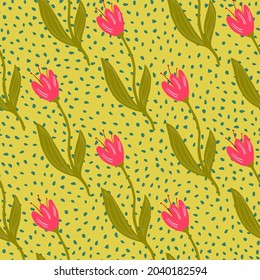 Abstract tulip seamless pattern on dots background. Decorative floral ornament wallpaper. Botanical design. For fabric design, textile print, wrapping, cover. Retro vector illustration.