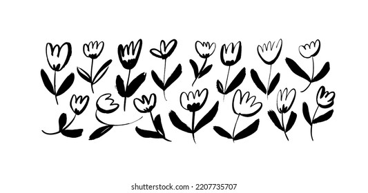 Abstract tulip stems brush drawn elements. Hand drawn vector botanical illustrations collection. Naive sketchy style simple wild flowers. Black ink painted elements for design isolated on white. 