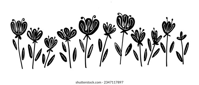 Abstract tulip stems brush drawn elements. Hand drawn vector botanical illustrations collection. Naive sketchy style simple wild flowers. Black ink painted elements for design isolated on white.