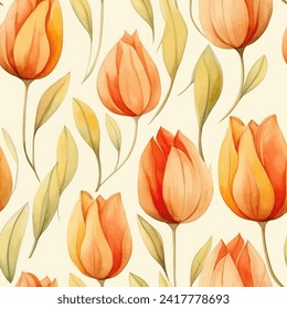 Abstract tulips floral seamless pattern. Bright colors, painting on a light background. water color seamless pattern for beauty products or other.