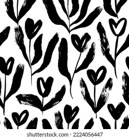 Abstract tulips seamless pattern with heart shapes blossoms. Modern vector botanical ornament with long stems and leaves. Brush drawn floral elements for love holidays and Valentine's day. 