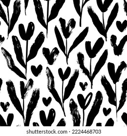 Abstract tulips seamless pattern with heart shapes blossoms. Modern vector botanical ornament with long stems and leaves. Brush drawn floral elements for love holidays and Valentine's day. 