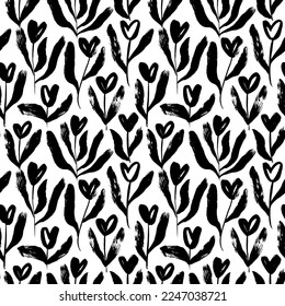 Abstract tulips seamless pattern with heart shapes blossoms. Modern vector botanical ornament with long stems and leaves. Brush drawn floral elements for love holidays and Valentine's day. 