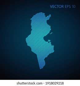 Resumen de la plantilla de mapa de Túnez hecha de líneas diagonales azules en fondo oscuro. Ilustración del vector EPS10.