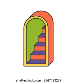 Abstract tunnel arch entrance with stairs multicolored pop art isometric vector cartoon illustration. Open staircase success step way groovy t shirt print decorative design high movement isolated