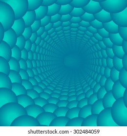 Abstract tunnel background illustration. 3d vector blue bubbles.