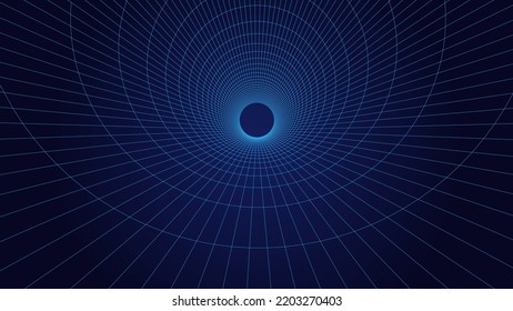 An abstract tunnel with a blue mesh structure. 3D grid of tunnels and corridors. Virtual reality framework. Vector wormhole.