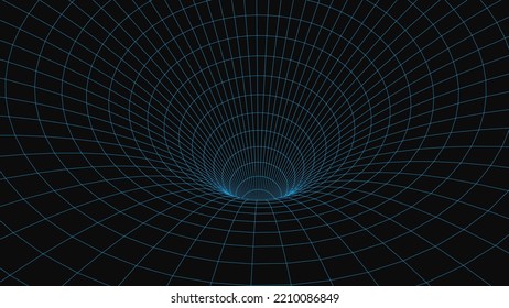 An abstract tunnel with a blue mesh structure. 3D grid of tunnels and corridors. Vector wormhole.