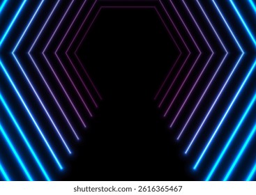 Abstract tunnel with blue purple neon laser lines technology background. Vector concept retro design