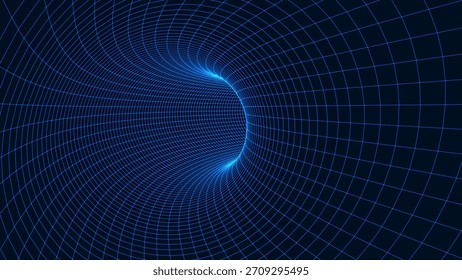 Um túnel abstrato criado a partir de linhas brilhantes formando uma grade espacial. O brilho das linhas cria uma sensação de movimento, profundidade e imersão infinita. Ilustração vetorial