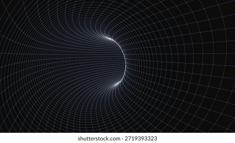Un túnel abstracto creado a partir de líneas brillantes que forman una rejilla espacial. El resplandor de las líneas crea una sensación de movimiento, profundidad e inmersión infinita. Ilustración vectorial