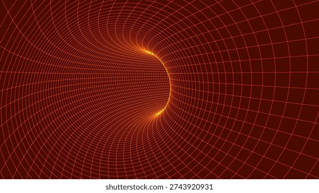 An abstract tunnel created from glowing lines forming a spatial grid. The glow of the lines creates a sense of movement, depth, and infinite immersion. Vector illustration