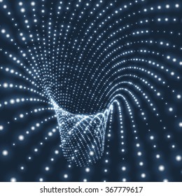 Abstract Tunnel Grid. Futuristic Technology Style. 3D Surface Looks Like Funnel. Glowing Points Form Tunnel Sectors. Turning Tube Tunnel. 3d Abstract Tunnel or Tube. Perspective Grid Background. 