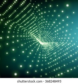 Abstract Tunnel Grid. Futuristic Technology Style. 3D Surface Looks Like Funnel. Glowing Points Form Tunnel Sectors. Turning Tube Tunnel. 3d Abstract Tunnel or Tube. Perspective Grid Background. 
