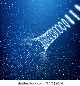 Abstraktes Tunnelgitter. Futuristische Technologie Stil. Die 3D-Oberfläche sieht aus wie ein Funnel. Glühpunkte bilden Tunnelbereiche. Turning Tube Tunnel. 3d Abstrakter Tunnel oder Tube. Sichtbarer Gridhintergrund. 
