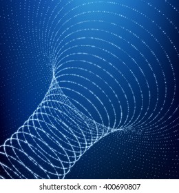 Abstract Tunnel Grid. Futuristic Technology Style. 3D Surface Looks Like Funnel. Glowing Points Form Tunnel Sectors. Turning Tube Tunnel. 3d Abstract Tunnel or Tube. Perspective Grid Background. 