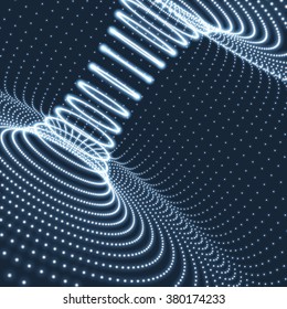 Abstract Tunnel Grid. Technology Style. 3D Surface Looks Like Tunnel. Glowing Points. Turning Tube Tunnel. 3d Abstract Grid Background. 