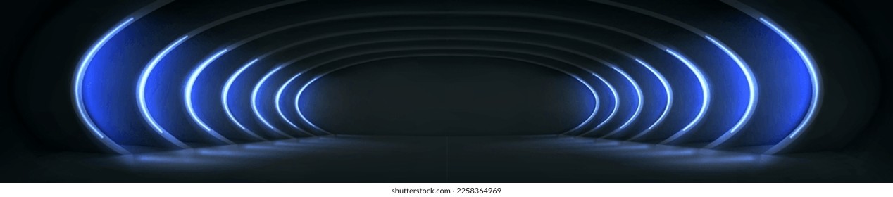 Abstract tunnel with many arches glowing with neon blue light. Realistic vector illustration of empty 3D passage perspective. Modern art gallery, space station, futuristic building interior design