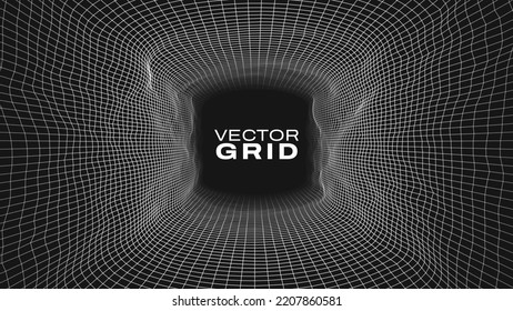 Cuadrícula de malla de túnel abstracto. Cuadrícula 3D del Corredor de Realidad Virtual o Túnel. Agujero Geométrico. Elemento de diseño HUD futurista de tecnología vintage retro. Ilustración vectorial.