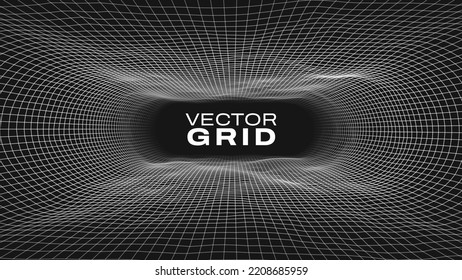 Abstract Tunnel Mesh Grid. 3D Grid of Virtual Reality Corridor or Tunnel. Geometric Wormhole. Vintage Technology Retro Futuristic HUD Design Element. Vector Illustration. svg