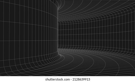 An abstract tunnel with a mesh structure. 3D grid of tunnels and corridors. Vector wormhole. svg