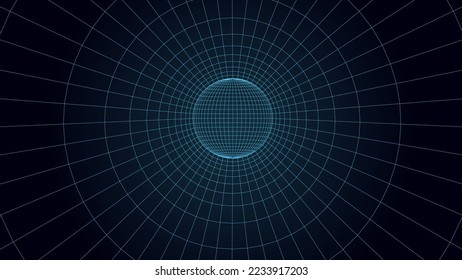 Un túnel abstracto con una estructura de malla. Cuadrícula 3D azul de perspectiva de túneles y corredores. Marco de realidad virtual.