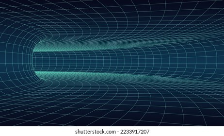An abstract tunnel with a mesh structure. Perspective blue 3D grid of tunnels and corridors. Virtual reality framework.