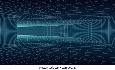 An abstract tunnel with a mesh structure. Perspective blue 3D grid of tunnels and corridors. Virtual reality framework.