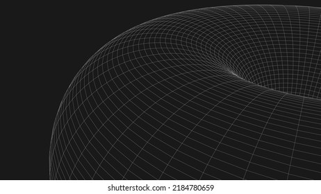 Abstract tunnel with a white mesh structure on a dark background. 3D grid of tunnels and corridors. Vector wormhole.
