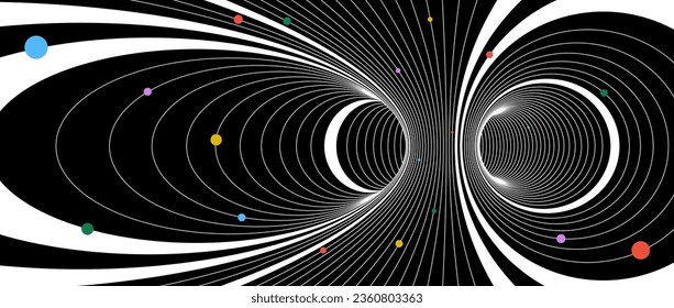 Abstract tunnel wireframe structure. Colorful geometric universe or space concept wallpaper. Futuristic energy lines on dark background. Funnel or vortex texture for banner poster. Vector illustration