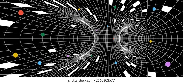 Abstract tunnel wireframe structure. Colorful geometric universe or space grid wallpaper. Futuristic energy lines on dark background. Funnel or vortex texture for banner or poster. Vector concept