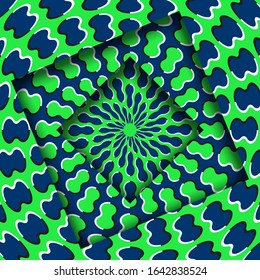 Abstract turned frames with a rotating blue green trippy pattern. Optical illusion hypnotic background.