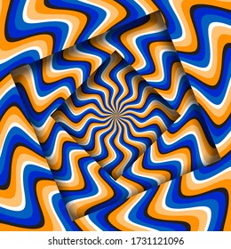 Abstract turned frames with a rotating blue orange curved stripes pattern. Optical illusion hypnotic background.