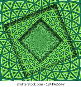 Abstract turned frames with a rotating green lime triangular elements pattern. Optical illusion background.