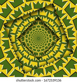 Abstract turned frames with a rotating green yellow crown shapes pattern. Optical illusion hypnotic background.