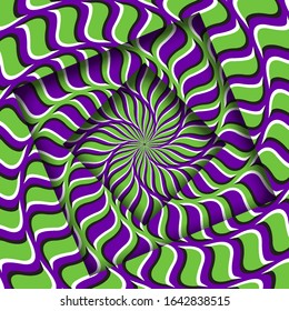 Abstract turned frames with a rotating purple green spiral pattern. Optical illusion hypnotic background.