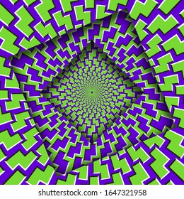 Abstract turned frames with a rotating purple green trippy pattern. Optical illusion hypnotic background.