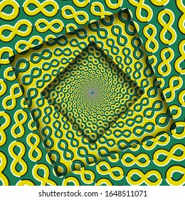 Abstract turned frames with a rotating yellow green trippy pattern of infinity symbols pattern. Optical illusion hypnotic background.