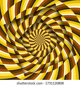 Abstract turned frames with a rotating yellow brown spiral striped pattern. Optical illusion hypnotic background.