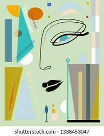 Abstract  turquoise background ,fancy  geometric and curved shapes , expressionism art style