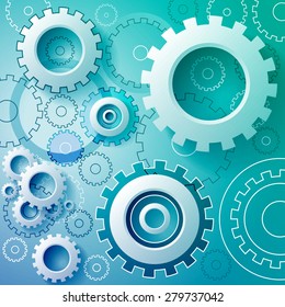 Abstract turquoise background with mechanical gears. 