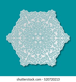 Abstract turquoise background with round ornamental 3d cutout decoration. Paper cut mandala with shadow. Template for your design. Vector illustration 